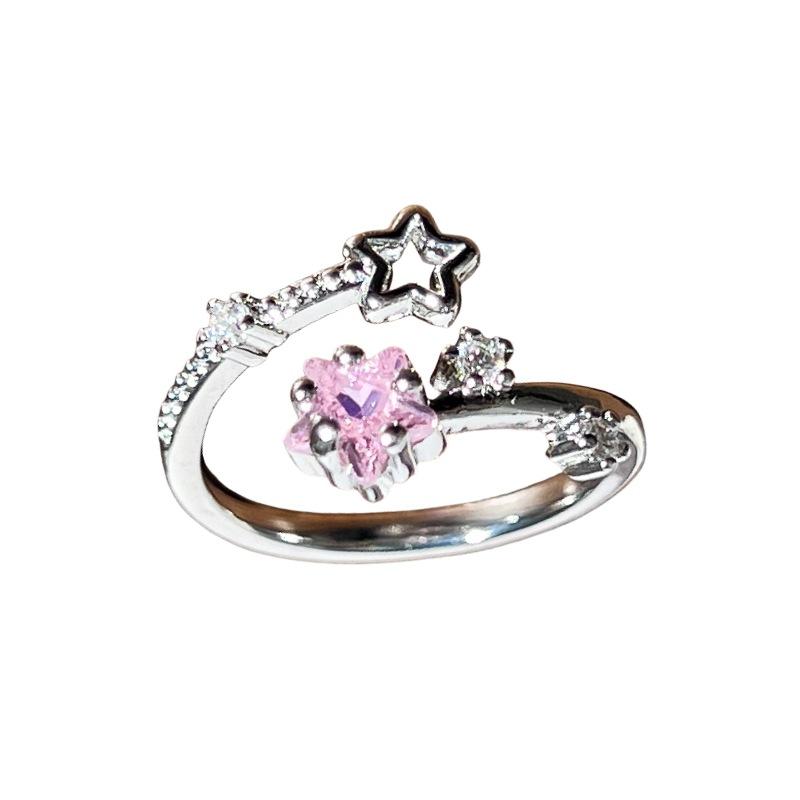 Sweet Pink Zircon Water Drop Star Opening Ring Small Fresh Light Luxury High Sense Simple Niche Ring