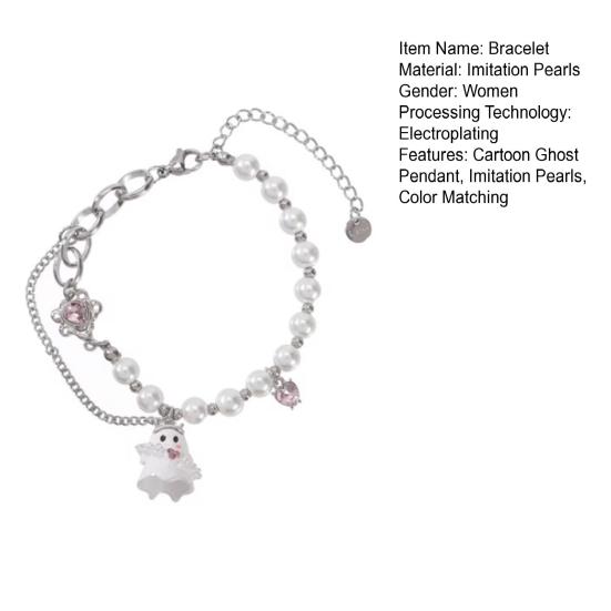 Women Bracelet Cartoon Ghost Pendant Imitation Pearls Color Matching Adjustable with Extended Chain Halloween Gift Wrist Jewelry