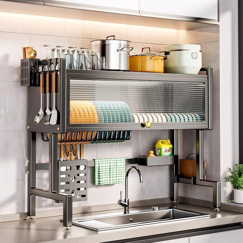 Multifunctional Kitchen Sink Organizer: Dustproof Dish and Cupboard Rack for Countertop Storage.