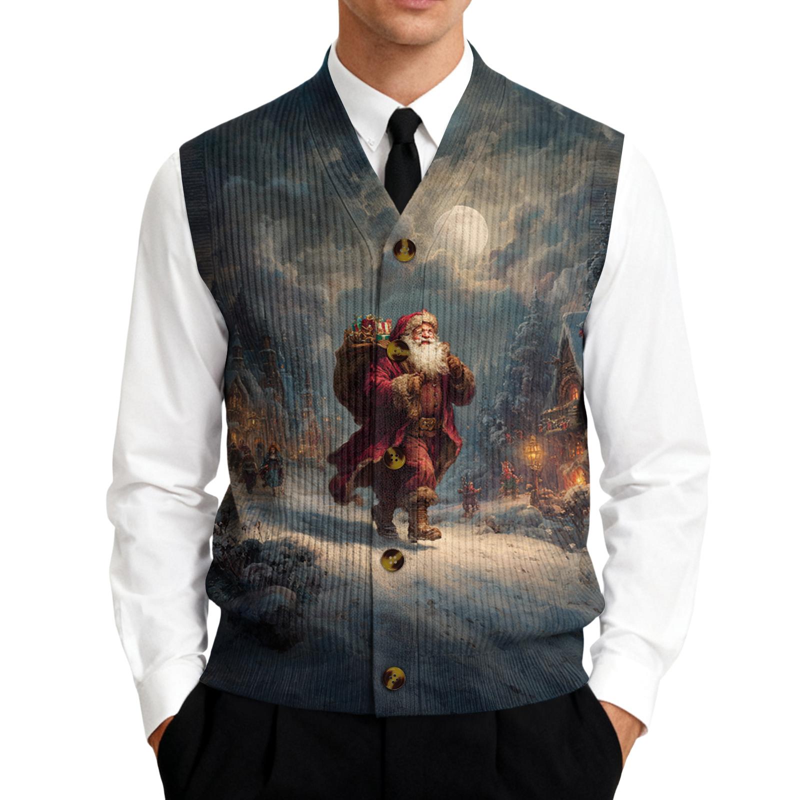 

Men s Sleeveless Printed Vest Classic Fit Button Front with Santa Winter Scene Design for Formal Occasions L