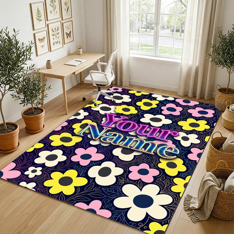 Floral Theme Soft Crystal Velvet Rug Custom Name & Text Print Non Slip Floor Rug for Bedroom Living Room