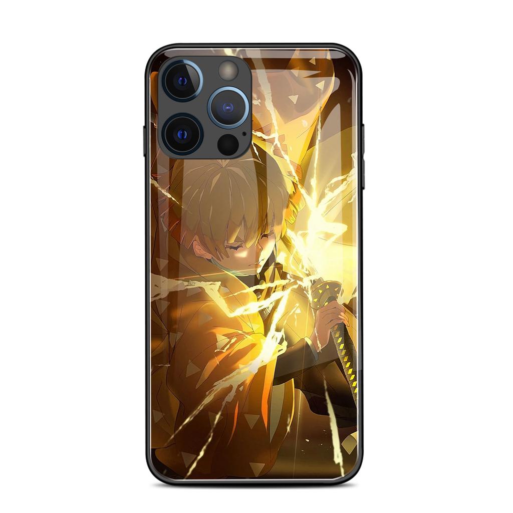Japanische Demon Slayer Cartoon Handyhülle mit Rückseite aus gehärtetem Glas für iPhone 6 7 8 14 Plus X Xs Max Xr 11 12 13 14 Pro Max Se
