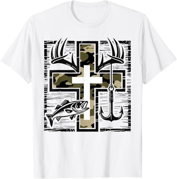 Faith Fishing Hunting Camo Cross with Hook Bass Christian T-Shirt S