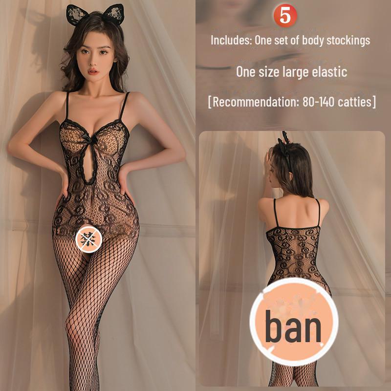 Erotic Black Mesh One-Piece Lingerie Set with Open Stockings - Tempting and Sexy