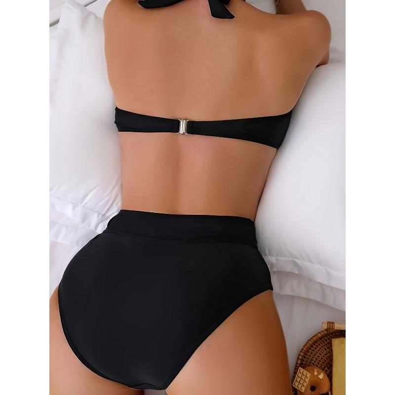 Women'S Bikini Set - Black V-Neck Swimsuit with Lace-Up Detail, High-Stretch Fabric, Perfect for Beach and Pool, Beach Swimsuit