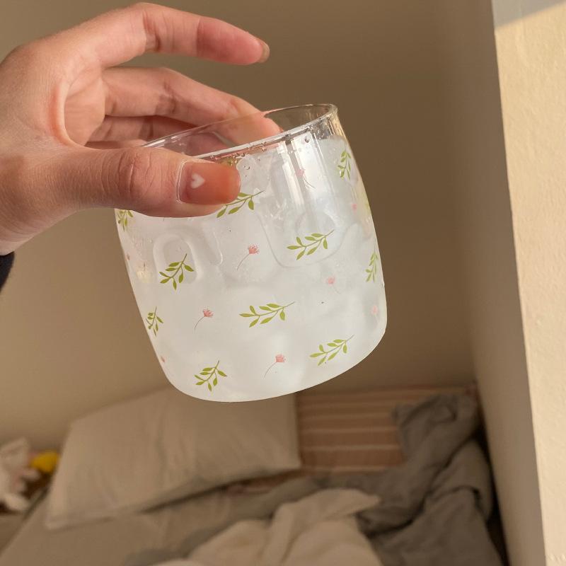 Busy Homemade, Summer Small Floral Glass Niche Retro Flower Juice Drink Glass Water Cup Cold Drink