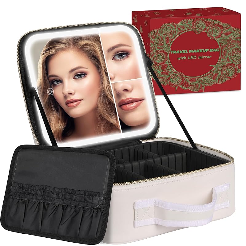 Makeup Bag with LED Lighted Mirror| Portable Makeup Organizer Train Case with 2X/3X Magnification & 3 Color Lights for Precision, Adjustable Large
