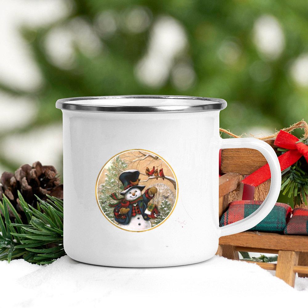Snowman Printed Mug Enamel Coffee Milk Juice Cup white Handle Wine Beer Mugs Banquet Table Decorations Winter Christmas Eve Gift