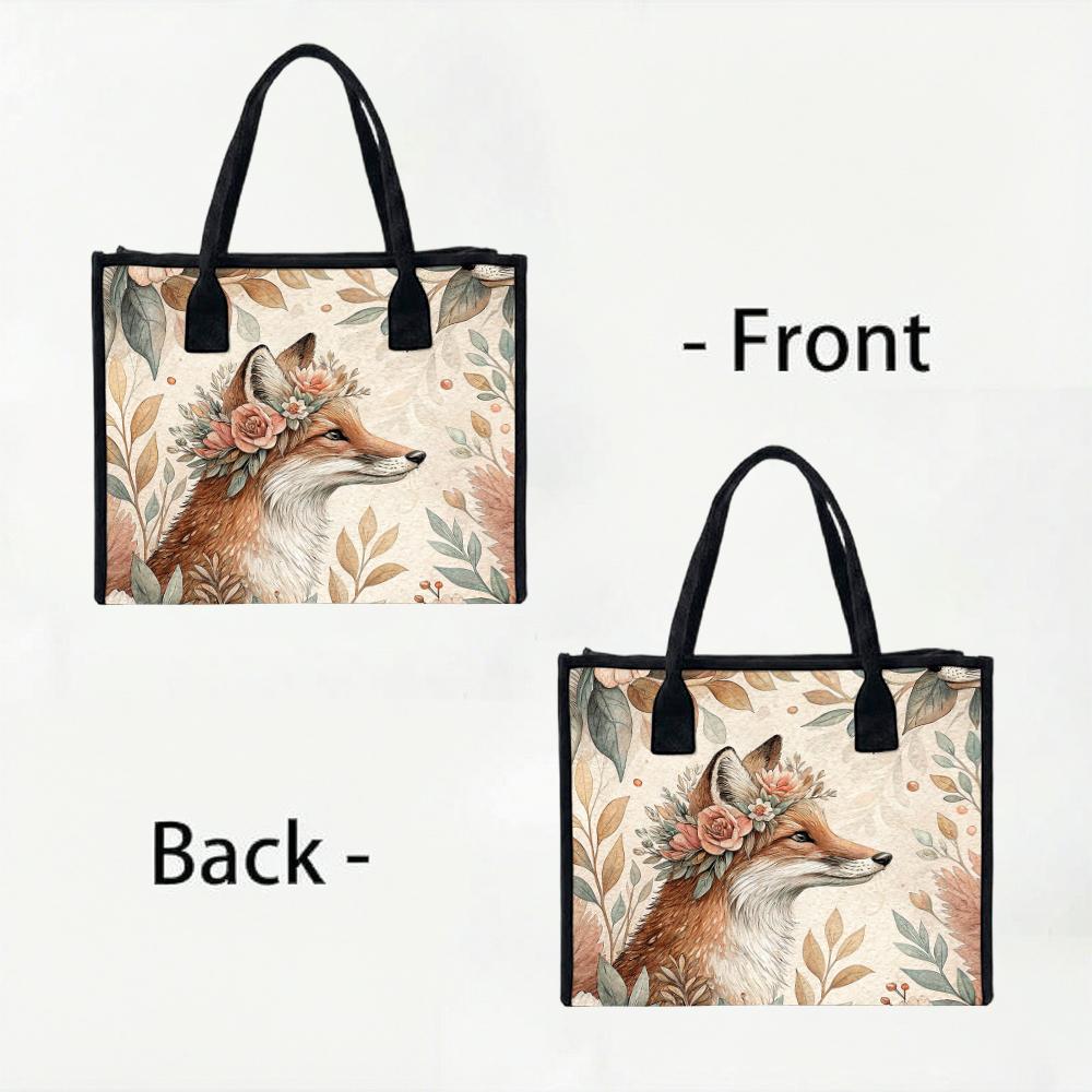 Floral Fox Print Tote Bag Casual Daily Carry Bag Lightweight Shoulder Bag for Shopping Travel