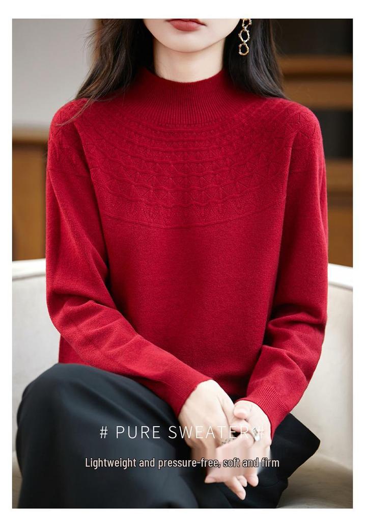 Women's Seamless Half-Openwork Knit Sweater - 2025 Autumn/Winter Collection, One-Piece Base Layer with Half-High Collar