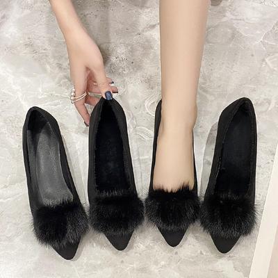 2025 Women's Chunky Heel Pointed Toe Velvet Mink Fur Shoes for Autumn/Winter