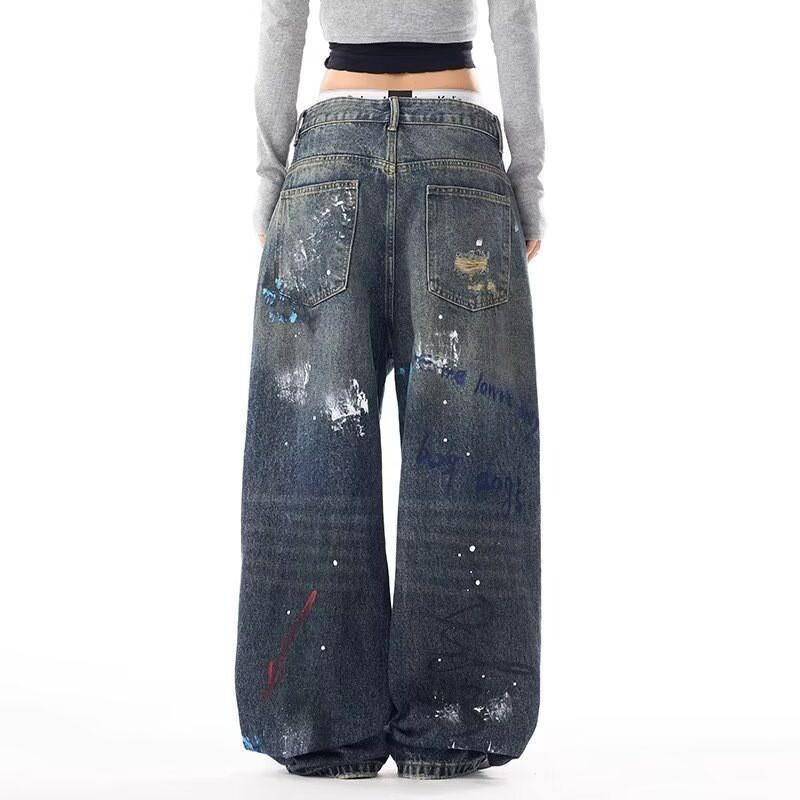 Mens Washed Denim Straight Leg Jeans With Distressed Ink Print Casual Vintage Style