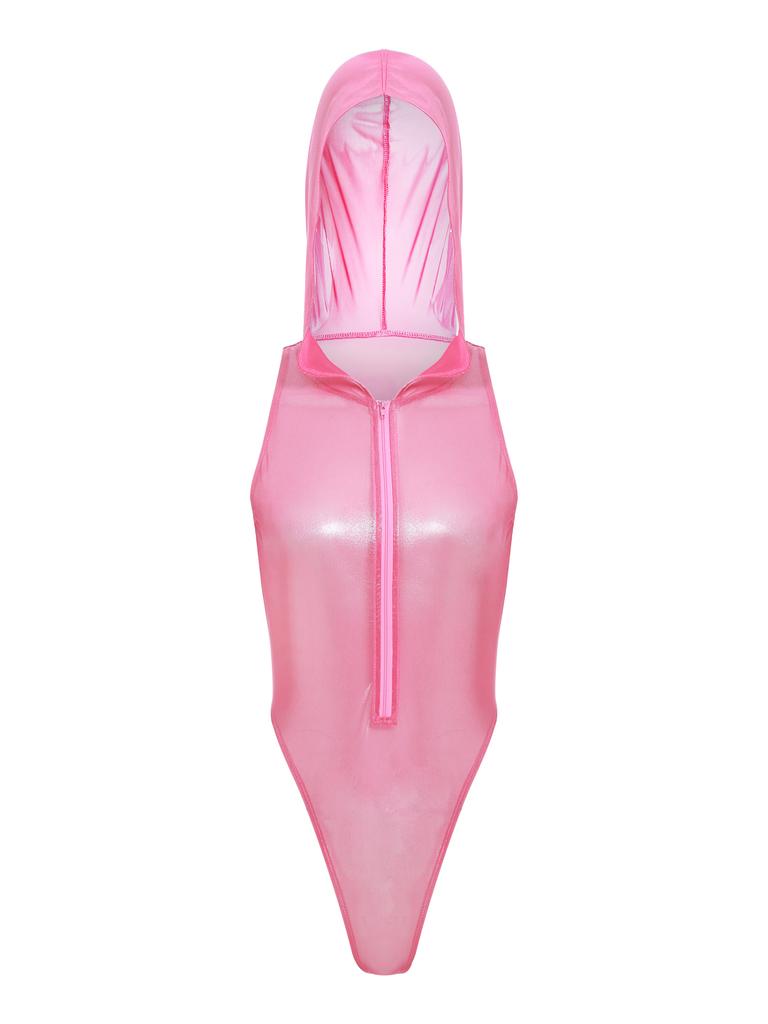 Women Sheer Lingerie Bodysuit Hooded Sleeveless Design Front Zipper Closure Glitter Jumpsuit for Role Play Club