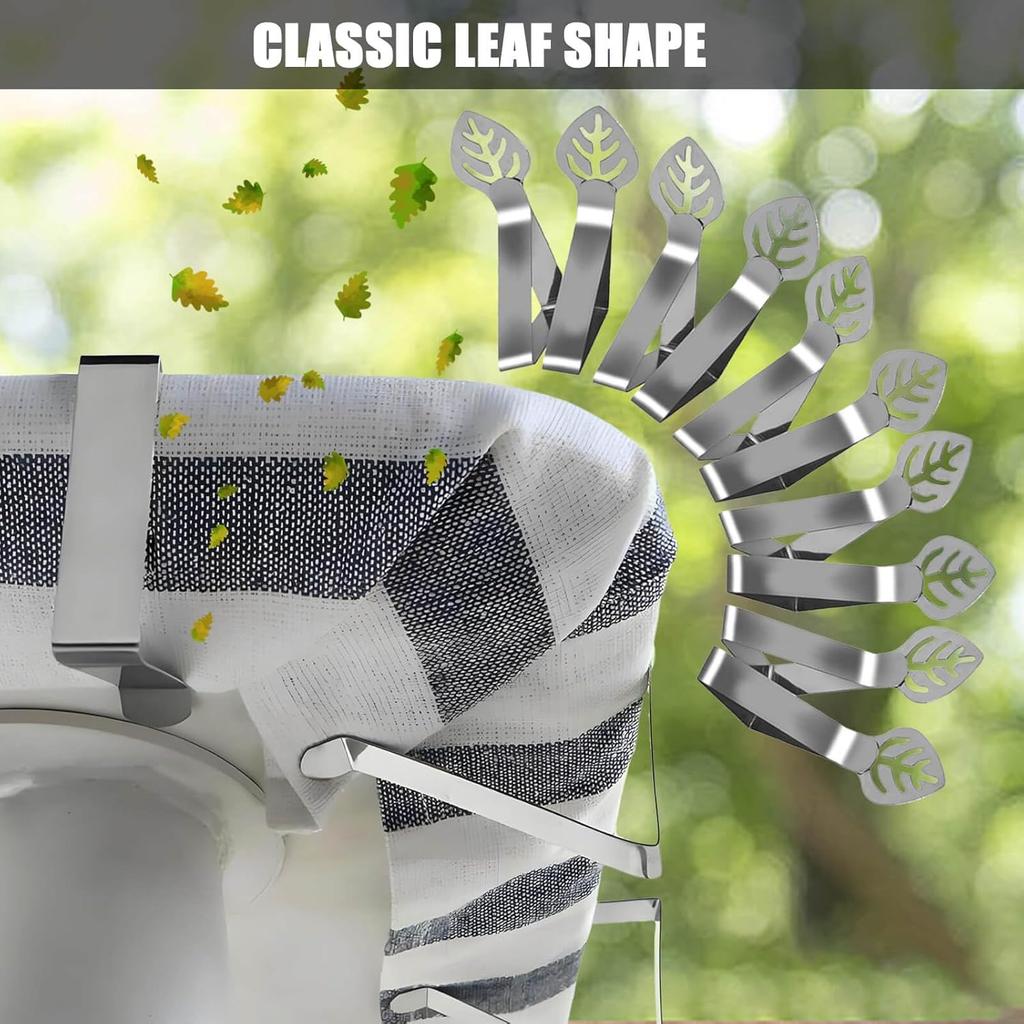 CUNGLIN Table Cloth Holder Clips 10 Pack, Leaf Shape Picnic Tablecloth Clip Outdoor Large Heavy Duty Stainless Steel Decorative Cover Clamp Pin For