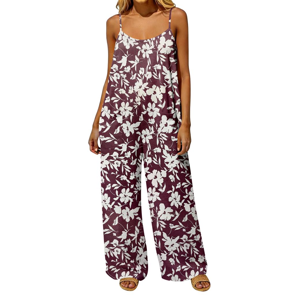 Damen Jumpsuit im Vintage-Stil, lockere Passform, ärmellos, baumwollähnlicher Stoff, Blumendruck, Latzhose mit weitem Bein und Taschen, rückenfreies Design