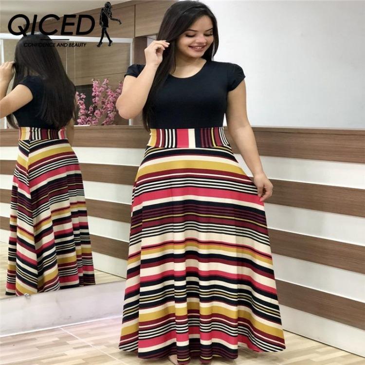 Women Summer Floral Print Bohemian Dress Big Swing Long Patchwork Short Sleeve O Neck Dress