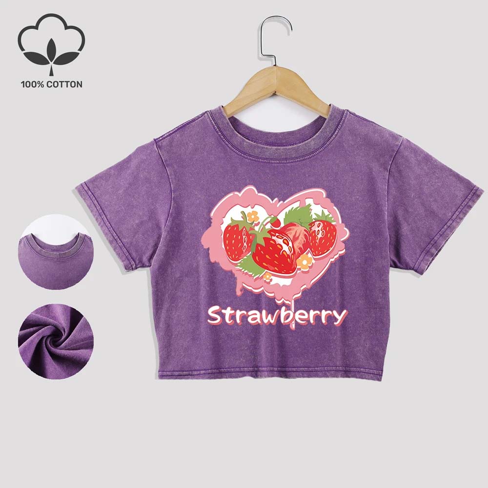 Herz Erdbeer Drucke Baumwolle Gewaschene T-Shirts Mode Sommer Spitze Saum Crop Tees Normale Passform O-Ausschnitt Kurzarm Freizeitkleidung