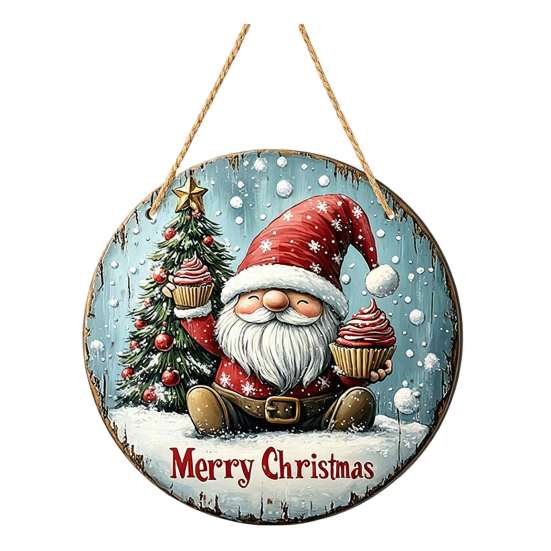 Winter Santa Wall Art Christmas Wooden Round Hanging Sign, Claus Highland Cow Theme Holiday Party Accents Door Decor, Farmhouse Welcome Ornament