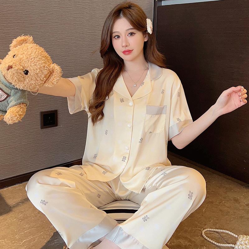 Fashion Sweet Bubble Bear Girl Loungewear Spring And Summer Cold Silk Short Sleeve Three-Piece Set