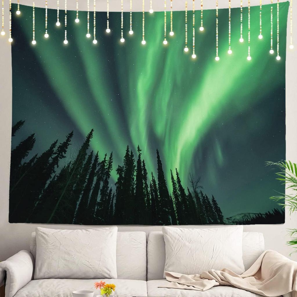 Northern Lights Wall Tapestry,View Over A Lake Green Storm Cloud Sky Wall Hanging Large Tapestry Decoration Polyester Fiber