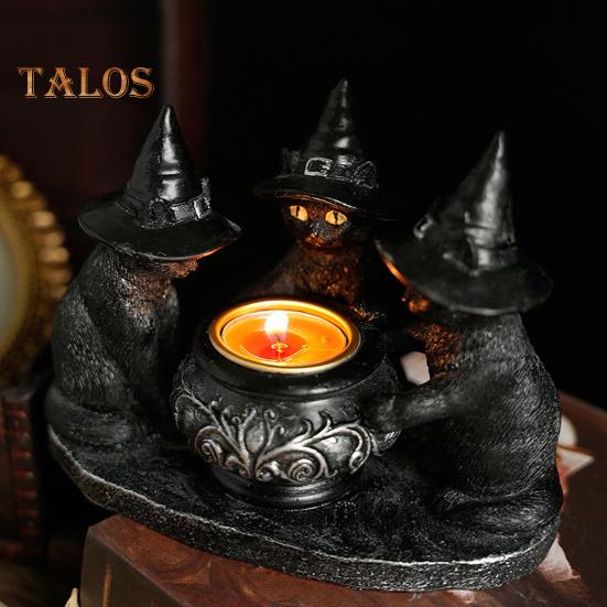Black Cat Candle Holder Resin Halloween Cats with Witch Hats Candle Holder Vintage Candle Holder Tabletop Decoration Gift for Cat Lovers