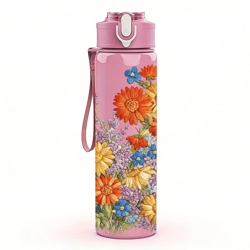 1PC Warm Tone Orange Yellow Flower Print 750ml Color Plastic Sports Water Bottle Leakproof Flip Straw Lid Suitable for Sports Office Home Use