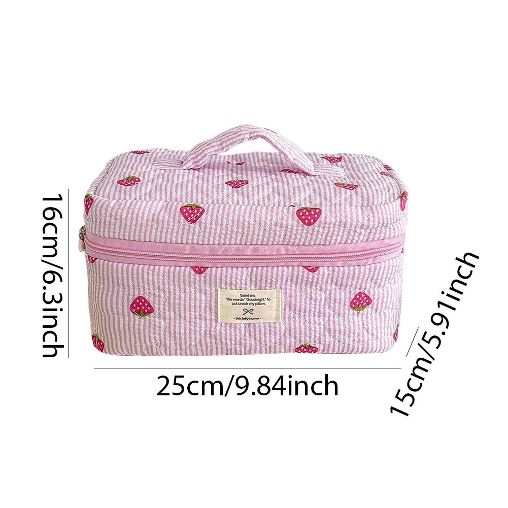 Quilted Strawberry Portable Make Up Bags Zipper Closure Skincare Brush Organizer Pouches Cosmetic Pouch for Women and Girls