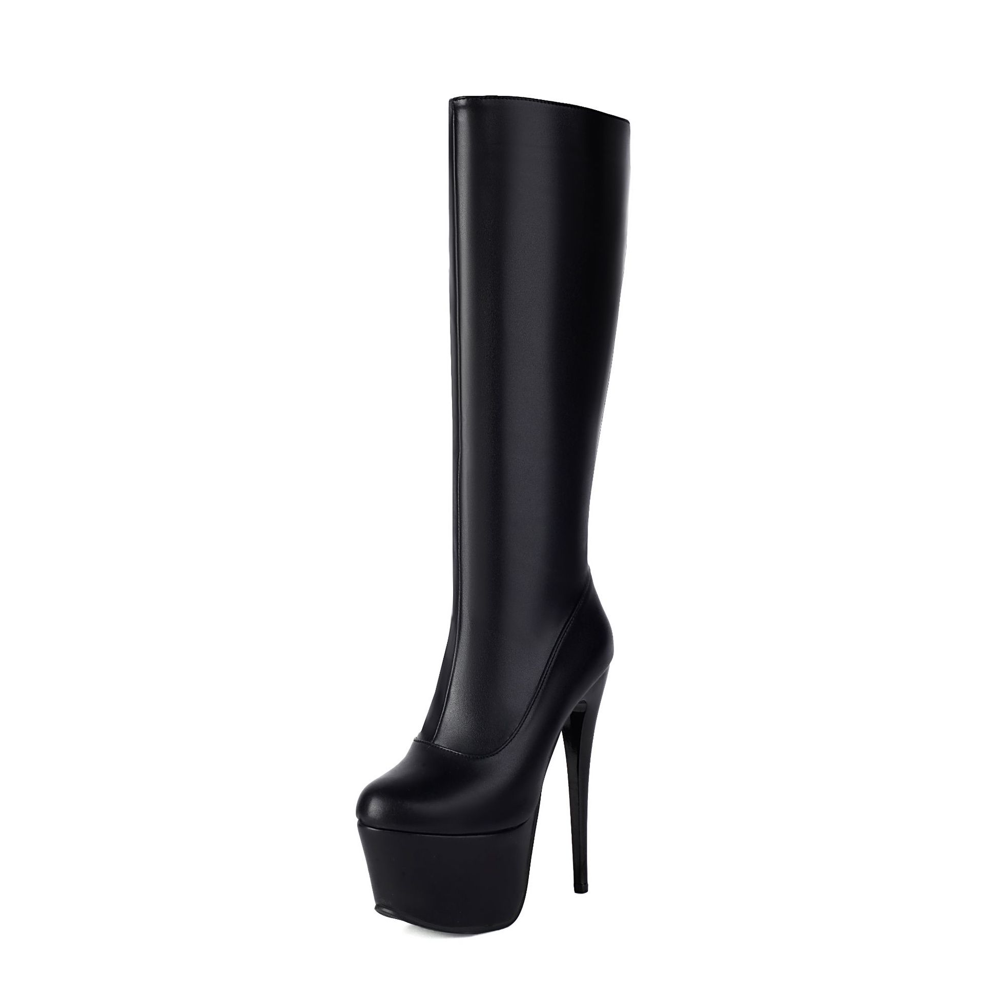 Herbst und Winter Damen Sexy Knielange Stiefel Damen Super Hoher Absatz Dünner Absatz Wasserdicht Tisch Große Größe Runde Spitze Über Knie Elastisch Groß 44 black
