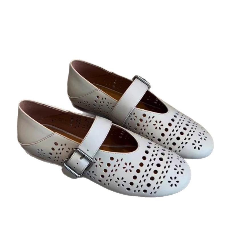 Leather Mary Jane shoes with soft soles are not tired women's shoes, one pedal flat-soled single shoes, hollow and breathable hole shoes