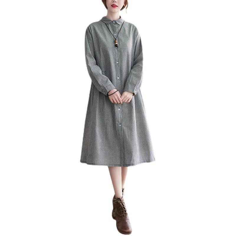 Loose Plus Size Women's Cotton Linen Checkered Shirt Skirt