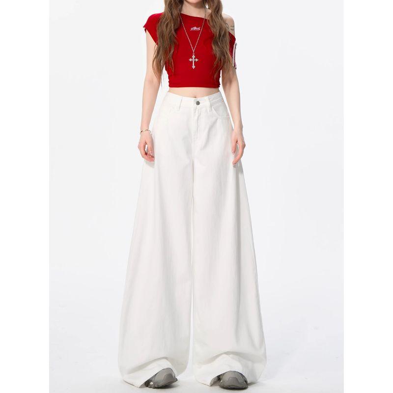 White Denim Jeans for Women, Plus Size, Summer Thin High-Waisted Loose Fit, Slimming Floor-Length Pants for Plus-Size Girls, Drapey Wide-Leg Pants