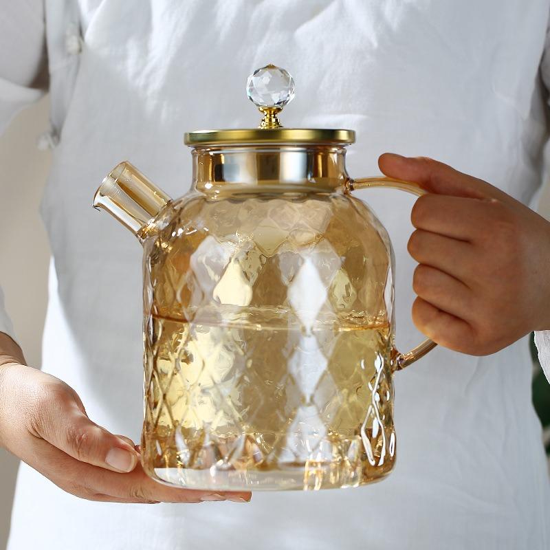 1/1.8L Glass Tea pot With Lid and Filter Champagne Tea Kettle Cold and heat resistant Tea maker For Blooming Tea Fruit Tea Amber