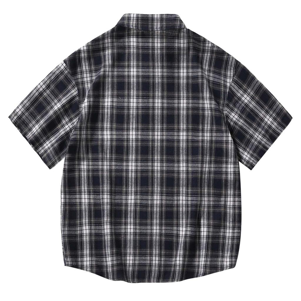 Men'S Short Sleeved Japanese Vintage Plaid Printed Shirt Summer Vacation Beach Check Shirt Button Down Half Sleeved Shirt