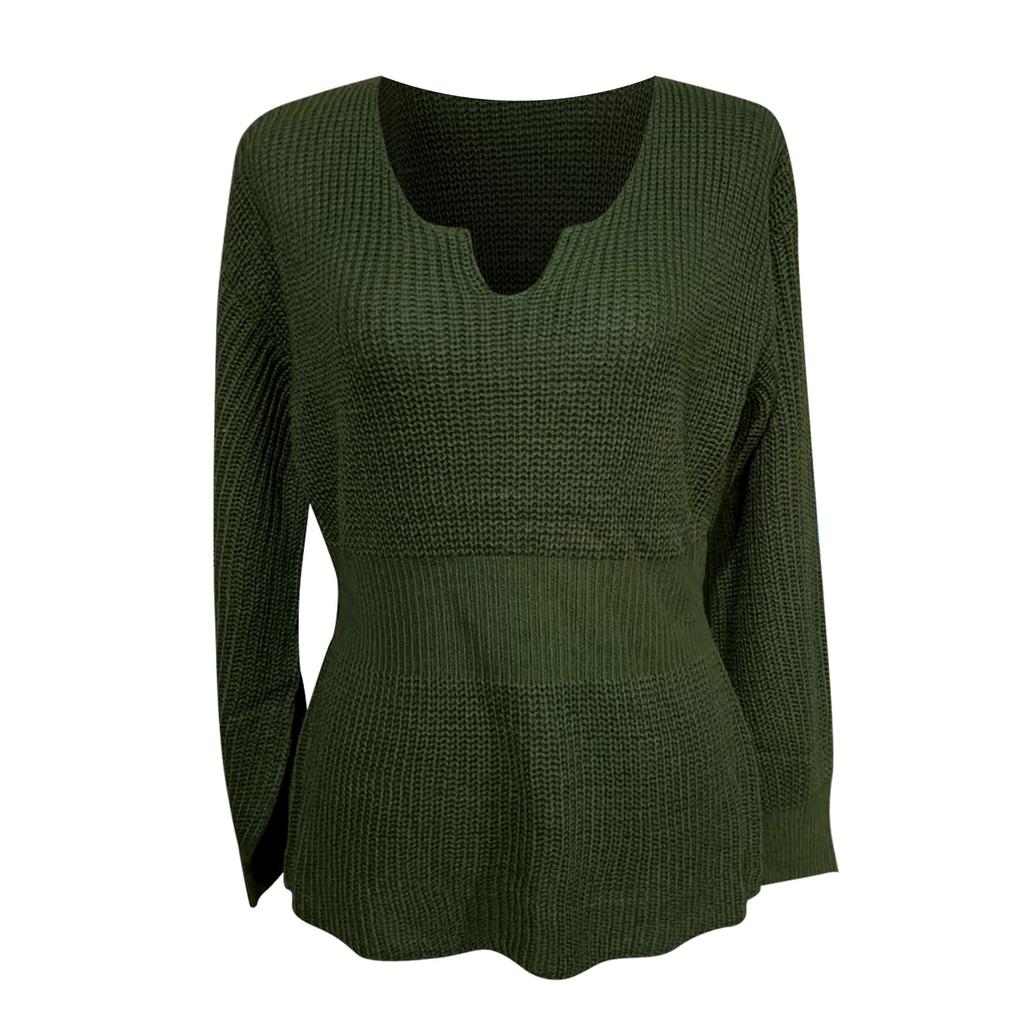Women's Fashion V-Neck Pullover Shirt Solid Color Long Sleeve Ruffle Waist Women's Shirt