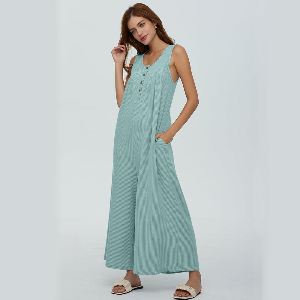 

Женские повседневные свободные комбинезоны Цельные комбинезоны без рукавов на пуговицах с карманами Летние однотонные дышащие легкие комбинезоны с широкими штанинами и длинными брюками 2XL зелёный