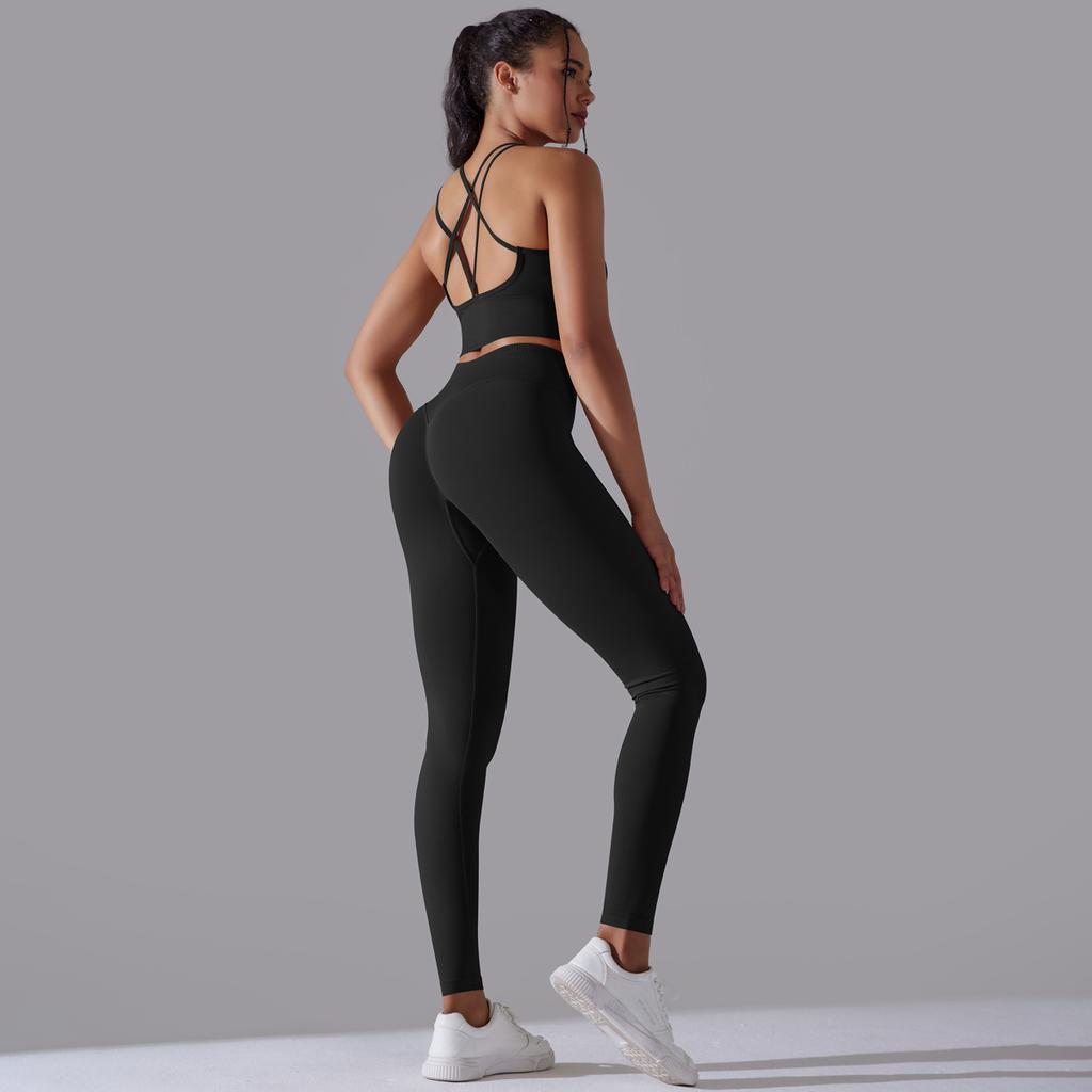New High Waist Peach Hip Tight Pants Set, Sports Back Yoga Clothes, Running Training Fitness Set, Two Piece Set For Women