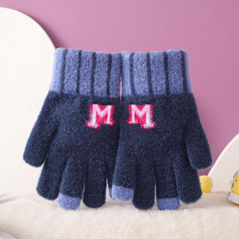

Korean version of knitted wool gloves autumn and winter new plush thickened warm outdoor play cycling M boys and girls gloves Темно-синій