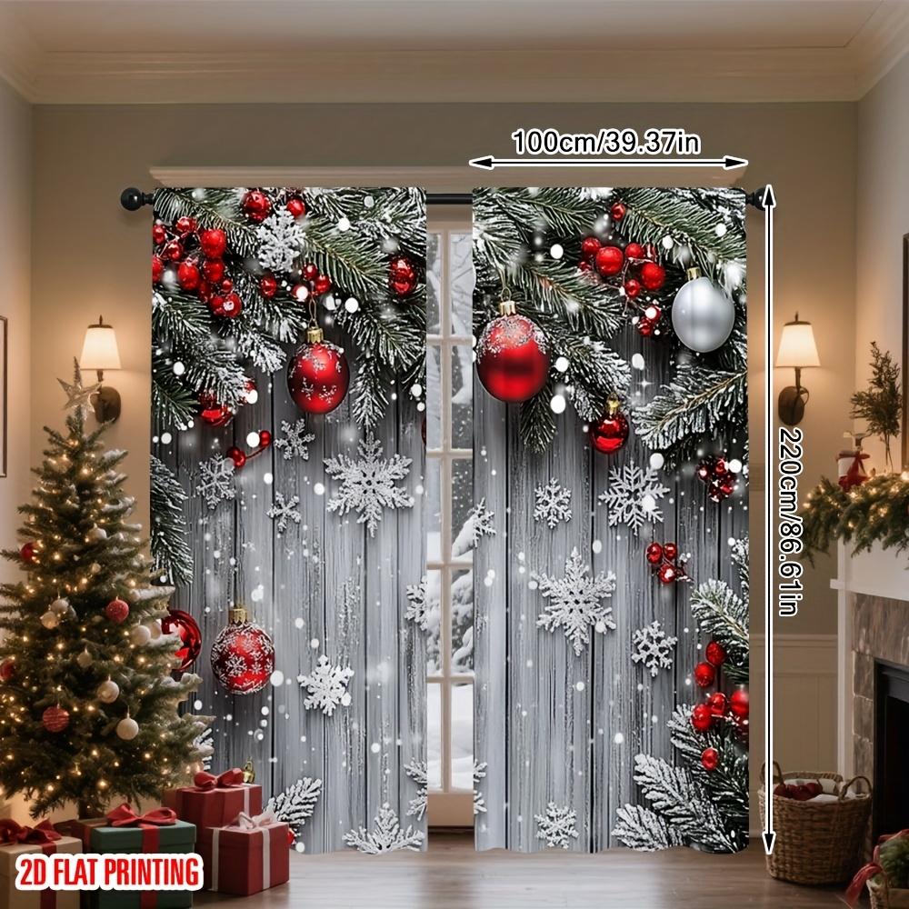 Christmas Snowflake Curtains Red Ball Green Plant Flat Print Polyester Door Wall Yard Decor Party Ready Set Of 2 Made