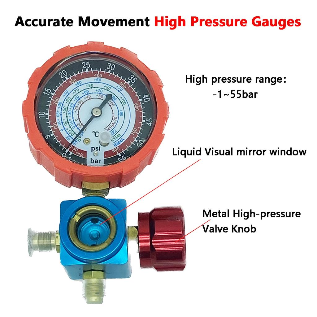 Air Condition Manifold Gauge with Sight Glass for R22/R410A/R134A/R404A High and Low Pressure A/C Refrigeration Tool