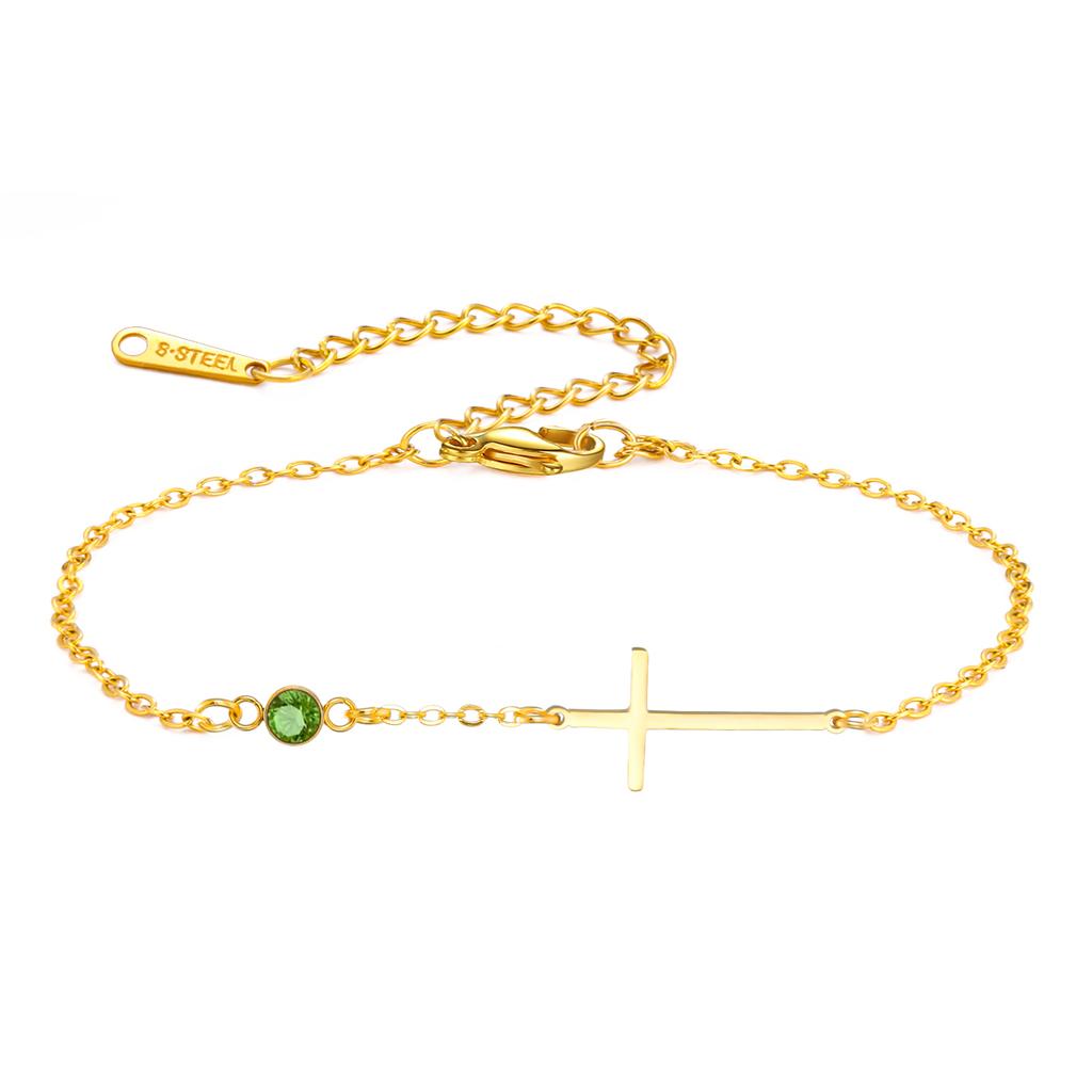 Trendy Jesus Cross Birthstone Charms Bracelet Stainless Steel 12 Birth Month Bracelets for Women Girls Jewelry Birthday Gifts