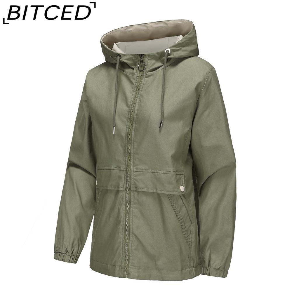 BITCED Hooded Solid-Colour Trench Coat for Women Long-Sleeved Spring/Autumn Lightweight Jacket Casual Style