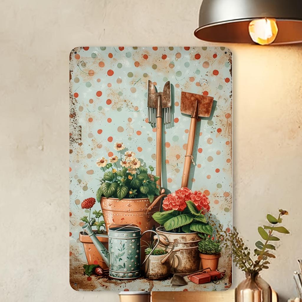 1pc Rustic Iron Metal Tin Sign, Vintage Gardening Tools and Plants Illustration, Indoor Outdoor Wall Art Decor for Home, Cafe, G