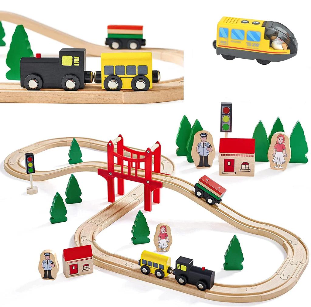 Holzschienen für Spielzeugeisenbahn Magnetisches Set Elektroauto Lokomotive Die-Cast Slot Passend für Alle Holz Biro Eisenbahnschienen für Kinder