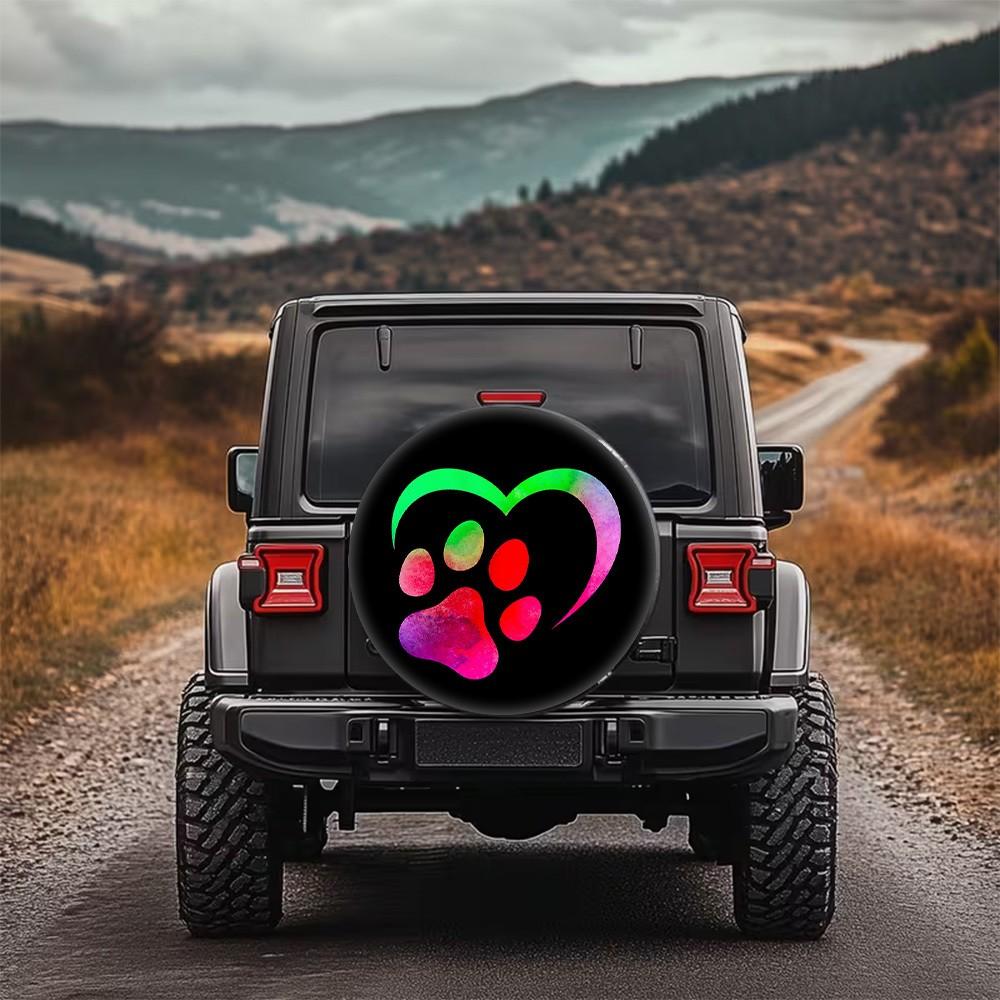 Colorful Heart Paw Print Spare Tire Cover Durable Polyester Waterproof Wheel Protector
