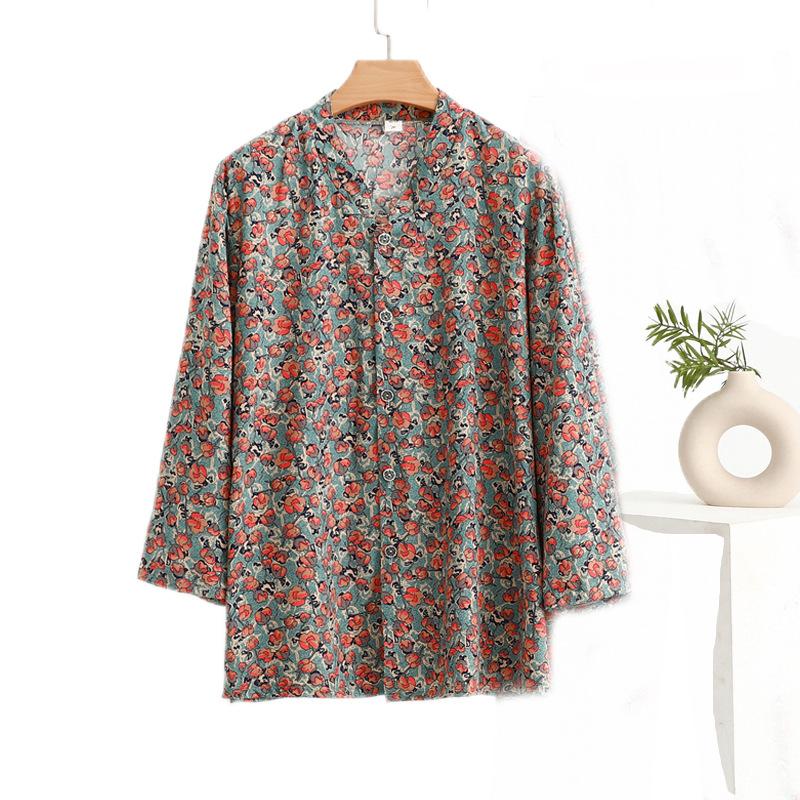 Cotton Silk Printed Standing Collar Cardigan Long Sleeve Women's Shirt Summer Thin Comfortable Breathable Rayon Top