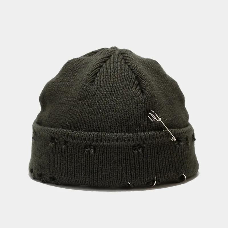 New Winter Harajuku Beanies Knitted Hat Women Fashion Warm Thick Men Hip Hop Pin Hole Skullcap Short Hat Unisex Basic Cap