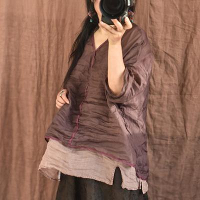 Women Vintage Ramie T-Shirts Solid Color V-Neck Long Sleeve Tees Summer High Quality Women T-Shirts