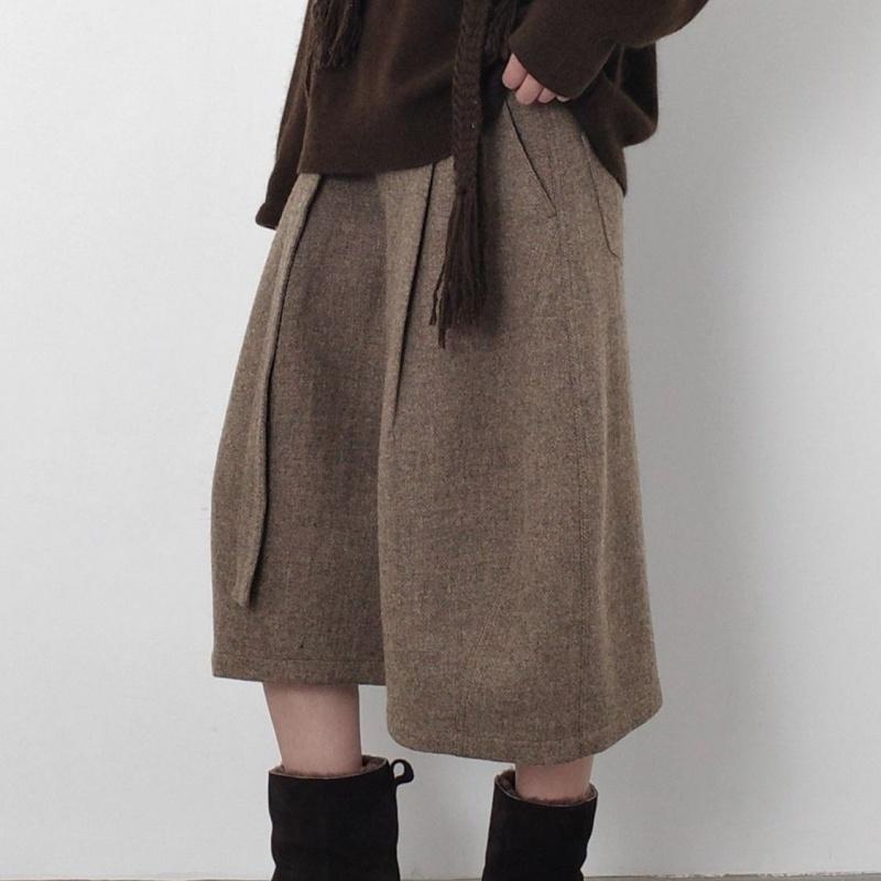 Autumn Winter Fashion Woolen Cropped Pants Women High Waisted Pleated Wide Leg Pants Solid Color Office Lady Belt Trousers