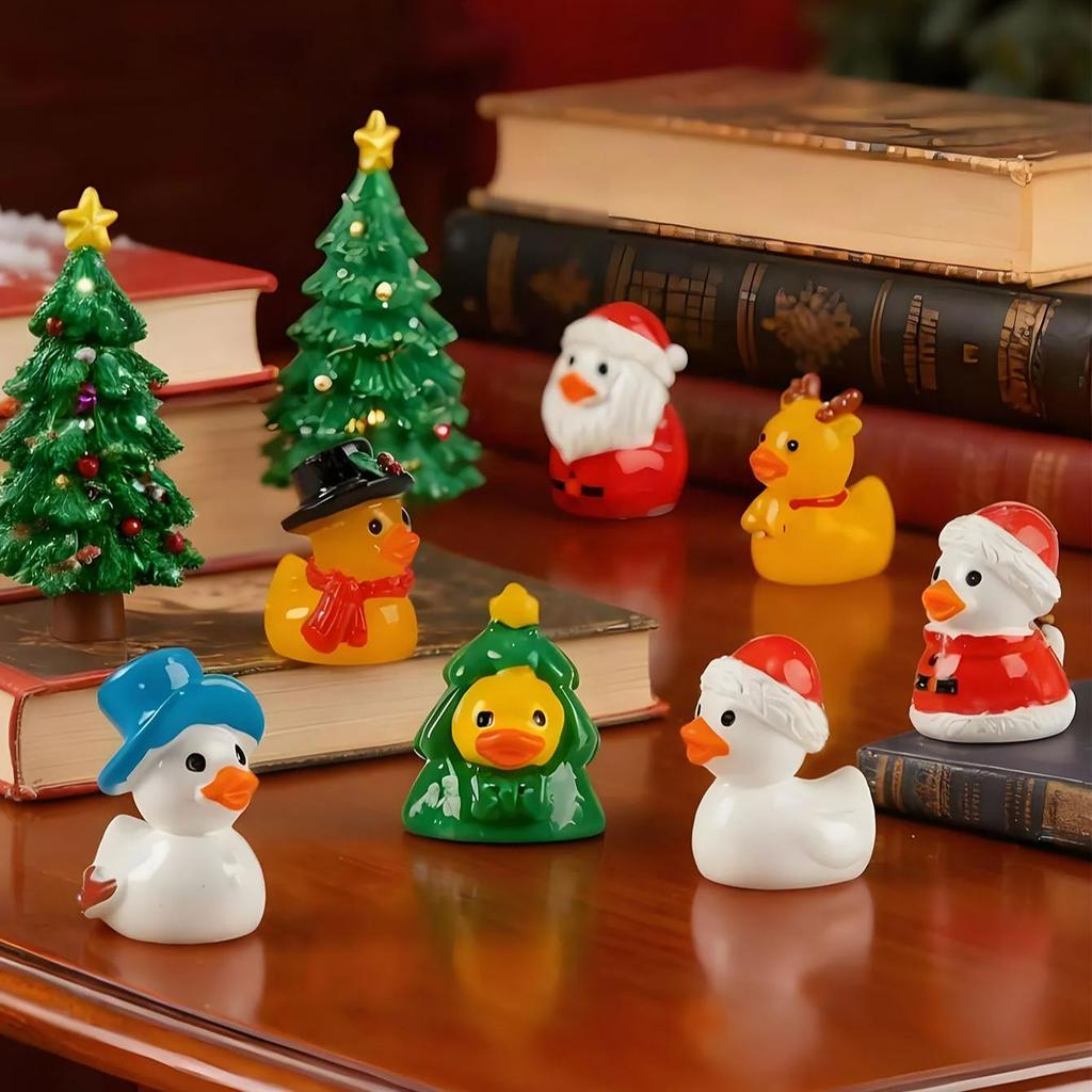 7Pcs Cute Christmas Duck Figurines Mini Resin Ornaments For Xmas Tree Fairy Garden Home Desk Decor Gift