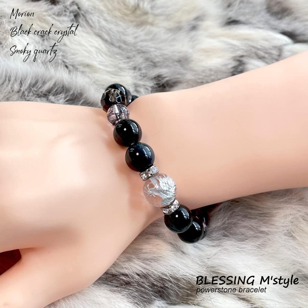 Natural Power Stone Bracelet with Suzaku Silver Carved and Eye Black Protection from Evil and Amulet for Good and Includes a Luxury Drawstring Bag